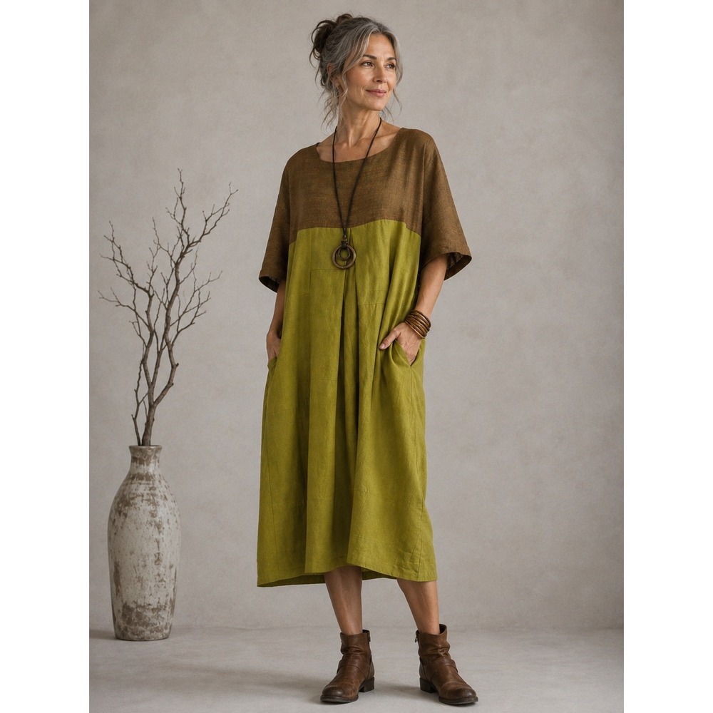 drichu Dress Womens L/XL Brown Green Cotton Colorblock Lagenlook Boho Handmade
